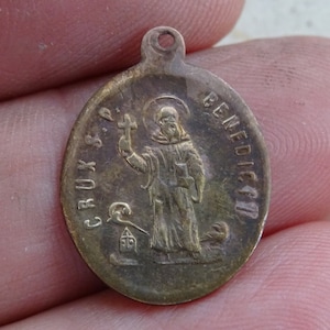 Religious antique French copper catholic medal pendant charm medallion of Saint Benedict. ( medal of exorcism against evil )   V 32