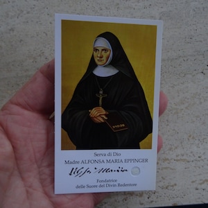 Religiöser katholischer Karten-Schrein mit Reliquienreliquie aus dem Tuch der seligen Maria Alfons Maria Eppener vom Kind Jesus. (V V 14)