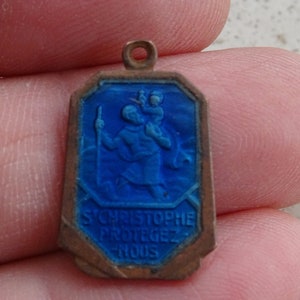 Religious antique copper catholic enameled medal pendant medallion charm of Saint Christopher. X 4
