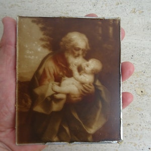 Antique French altar chapel shrine peinture photo negative on glass of Isaac, son of Sarah and Abraham with his son. 4