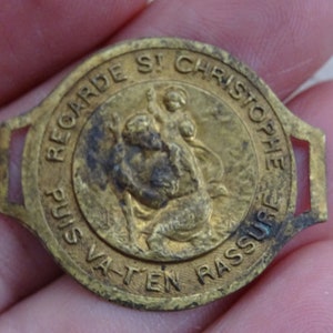 Religious antique French copper catholic medal token pendant plaque memorial tablet of Saint Christopher.  ( K 12 )