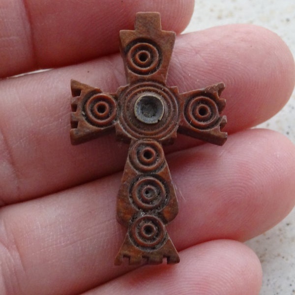 Religious antique French catholic wooden carved brown Bovine Wood Stanhope Cross crucifix pendant. ( UU 49 )