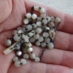 Religious antique French catholic rosary with beads and cross with Holy Christ of Mother of Pearl. ( A 6 )