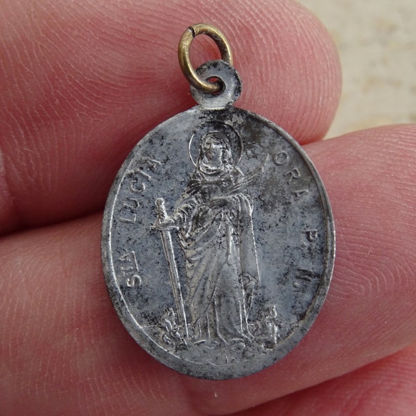 Religious antique French catholic  medal pendant Holy charm medallion of Saint Lucia and Saint Agatha Agata. ( L 21 )