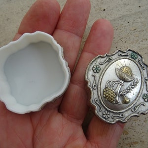 Religious vintage silver gold plated Catholic  box Rosary Case Miniature Box Container Collectible of Holy Communion Chalice.   37