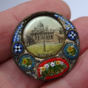 Religious antique catholic copper micro mosaic brooch of the Saint Peter Basilica in Vatican City in Rome Roma. ( 19 L)