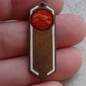 Religious antique copper catholic two colored enameled medal pendant medallion charm of Saint Christopher. X 8