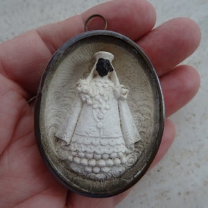 Religious antique French copper reliquary shrine relic Meerschaum of Holy Virgin Mary Black Madonna of Notre Dame of Hal. ( 34 )