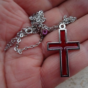 Religious vintage French silver plated chain necklace with silver plated enameled Christian catholic cross crucifix Holy Jesus Christ.  C 20