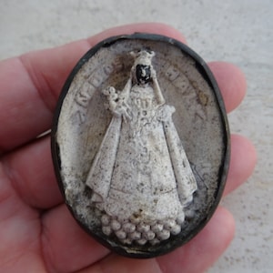 Religious antique French copper reliquary shrine relic Meerschaum of Holy Virgin Mary Black Madonna of Notre Dame of Hal. ( 21 )