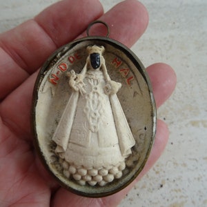Religious antique French copper reliquary shrine relic Meerschaum of Holy Virgin Mary Black Madonna of Notre Dame of Hal. ( 40 )