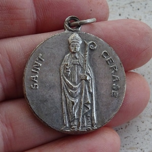 Religious French silvered antique catholic medal pendant medaillon Holy charm medallion of Saint Cerase. ( Bishop Ceratius ) ( 16 X )