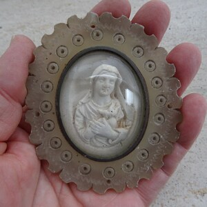 Religiöses antikes französisches katholisches Kupfer Schrein Medaillon Anhänger Medaillon von Meerschaum der Heiligen Jungfrau Maria mit dem heiligen brennenden Herzen. 5