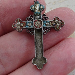 Religious antique catholic italian silver micro mosaic cross crucifix. ( J 51 )