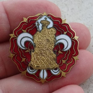 Religious antique French catholic copper enameled brooch of Holy Virgin Mary Notre Dame de la Treille. ( Lille ) ( B 7 )