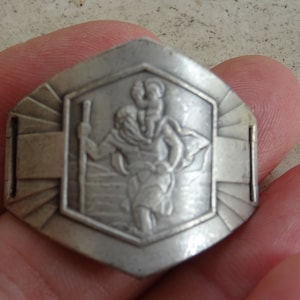 Religious antique silver plated catholic buckle medallion charm token slider pendant medal of Saint Christopher. ( B 9 )