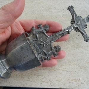 Religious antique catholic French pewter Holy water font stoup with cross crucifix Holy Jesus Christ and cherubs angels puttis.  A 4