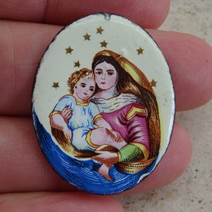 Religious antique  porcelain catholic medal pendant token Holy charm medallion of Holy Virgin Mary with Holy Child Jesus Christ. ( 1 )