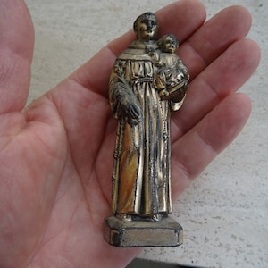 Religious antique French catholic silvered shrine statue figure of Saint Anthony with child. ( V 1 )