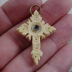 Religious antique French catholic hand carved bone Bovine Stanhope cross crucifix pendant.( 3 )