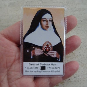 Religiöse katholische Schreinkarte mit der inneren Reliquie der heiligen Schwester Barbara Maix. (V V 18)