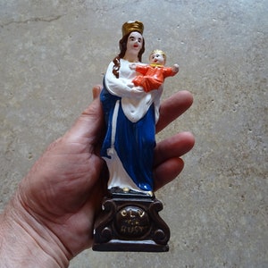 Religious antique catholic statue of plaster of Holy Virgin Mary of Silence and Holy Child Jesus Christ.  ( K 24 )
