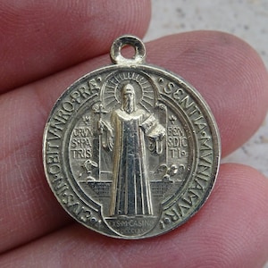Religious antique French catholic silver medal pendant charm medallion of Saint Benedict medal of exorcism against evil. ( H 4 )