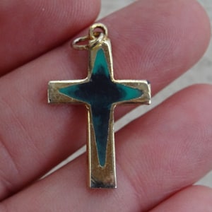 Religious vermeil gold plated enameled Christian cross crucifix  souvenir of Jerusalem. (  G 3 )
