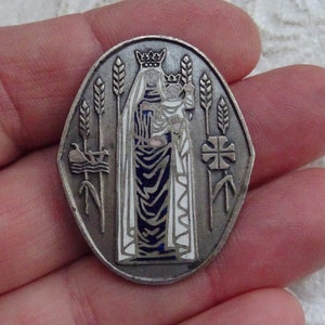 Religious antique French catholic silvered enameled brooch of Holy Virgin Mary Our Lady and Child Jesus. ( 1 P )