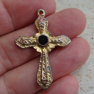 Religious antique vermeil gold plated catholic crucifix pendant cross rosary necklace cross with black stone.  ( H 25 )
