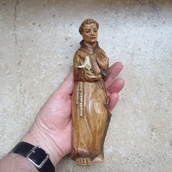 Religious antique French catholic statue of resin with Saint Francis souvenir of Assisi with a dove pigeon. ( H 1 )