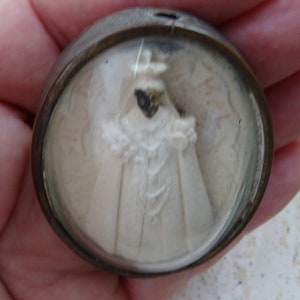 Religious antique French copper reliquary shrine relic Meerschaum of Holy Virgin Mary Black Madonna of Notre Dame of Hal. ( 19 )