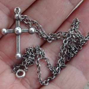 Religious antique French silvered chain necklace with silver ( MARKED ) Christian cross crucifix. ( 17 )