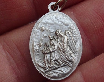Rare antique French silvered medal pendant charm medallion Holy charm of archangel Saint Michael and the Guardian Angel. ( 6 )