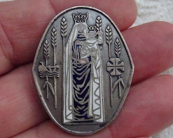 Religious antique French catholic silvered enameled brooch of Holy Virgin Mary Our Lady and Child Jesus. ( 1 P )