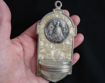 Religious antique Austrian catholic silvered mother of pearl Holy water font of Virgin Holy Mary Our Lady of Mariazell. ( 9 Q)