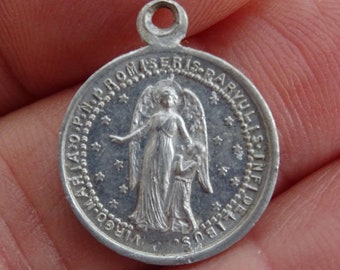 Religious French catholic medal pendant Holy charm medallion of Saint Michael Archangel Guardian Angel and Infant Jesus of Prague.  ( C 2 )