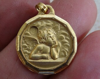 Religious antique French catholic vermeil gold plated medal pendant charm medaillon medallion cherub Guardian Angel. ( B 28 )
