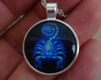 Vintage silvered enameled Zodiac medal medallion charm pendant Constellation sign of scorpio with chain. ( B 14 )
