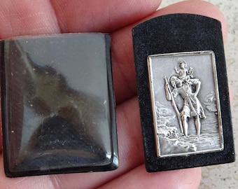 Religious vintage catholic pocket shrine relic holder with silver plated plaque of Saint Christopher souvenir of Banneux. ( e 14 )