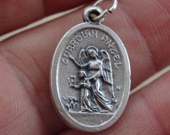Religious antique silver plated catholic medal pendant charm medallion of guardian angel Saint Raphael and Saint Michael. ( A 6 )