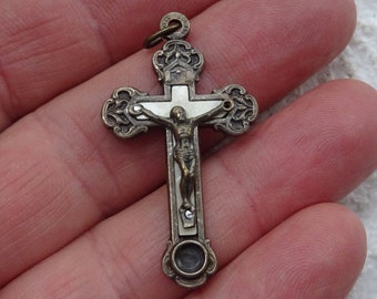 Religious antique silvered Italian catholic crucifix pendant pectoral cross Jesus Christ.  ( 17 Q )