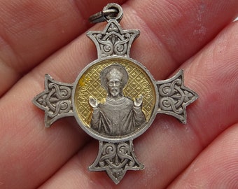 Religious antique French silver gold plated catholic medal pendant medallion charm of Saint Martin and Holy Virgin Mary.  ( L  2 a )