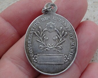 Religious antique silver ( MARKED ) charm medallion pendant miraculous medal of Immaculate Conception of Holy Virgin Mary of Graces. ) 16