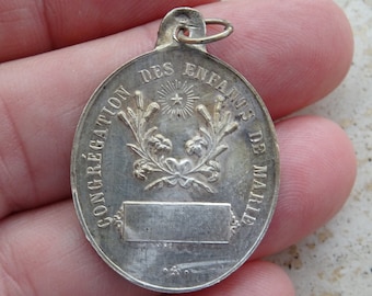 Big religious antique French silver ( MARKED ) medallion pendant Miraculous medal of Immaculate Conception of Holy Virgin Mary. B 18 TM