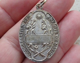 Big religious antique French silver ( MARKED ) medallion pendant Miraculous medal of Immaculate Conception of Holy Virgin Mary. B 24 TM