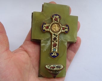 Religious antique French copper enameled marble catholic Holy water font of with cross crucifix of Holy Christ Our Lord. ( 14 )