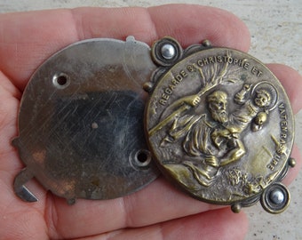 Religieuze antieke katholieke Franse verzilverde plaquette verhuizer medaillon medaille hanger gedenkplaat van Sint-Christoffel. (Z33)