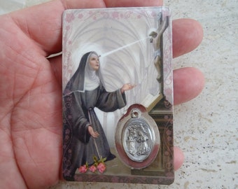 Religiöse plastifizierte katholische Karte mit versilbertem Medaille Charm Anhänger Medaillon der Heiligen Rita. ( 12 a )