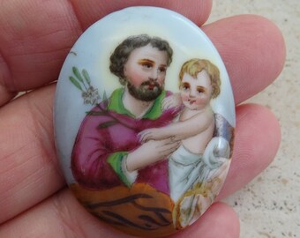 宗教的なアンティーク磁器カトリックメダルペンダントプレート聖ヨセフ